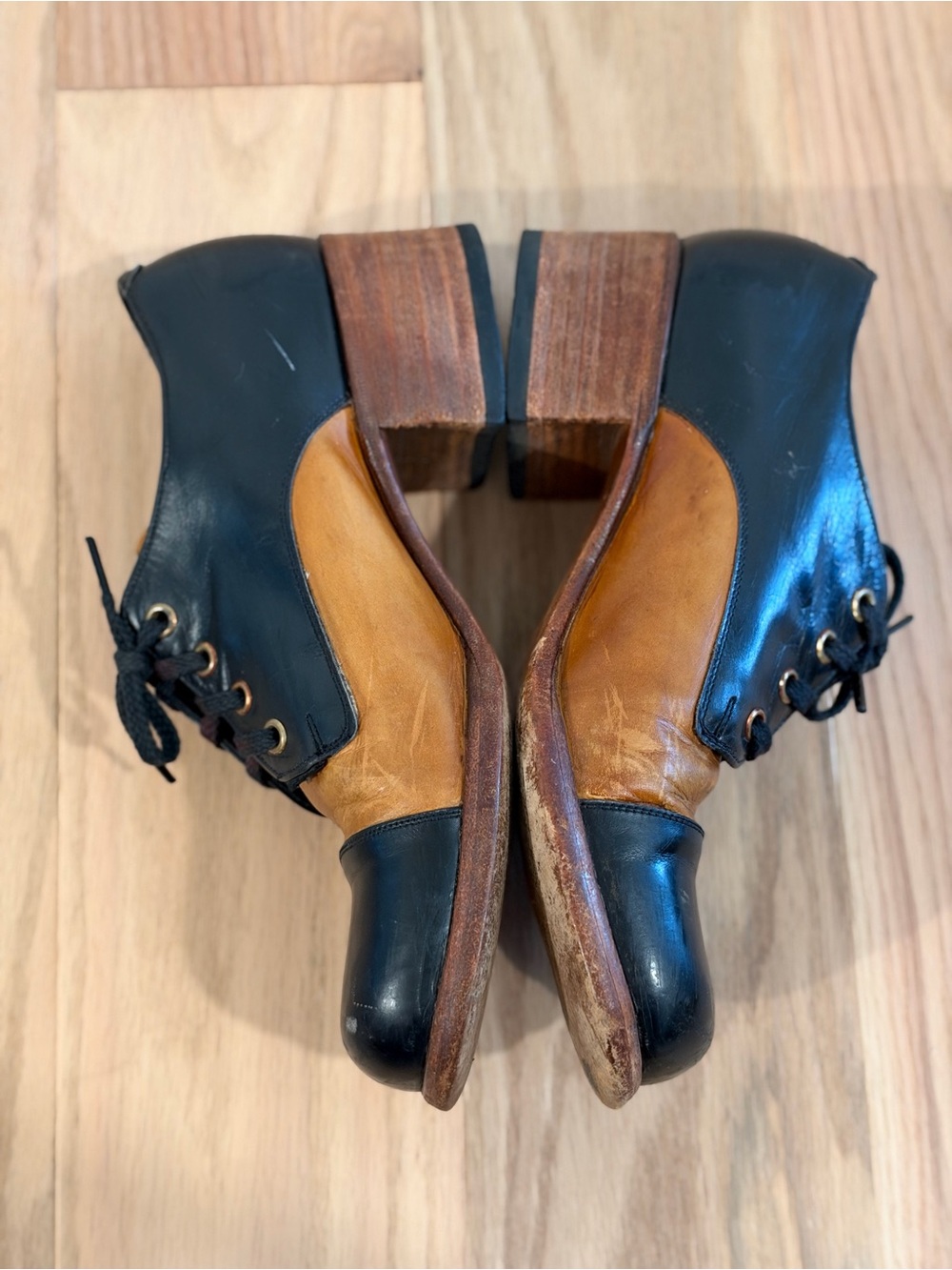 Vintage 70s Florsheim Platform Shoes Two Tone Leather Disco Cuban Oxford Heels - Picture 6 of 9